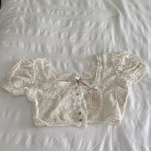 Loveshackfancy Lace Cropped Blouse in Cream